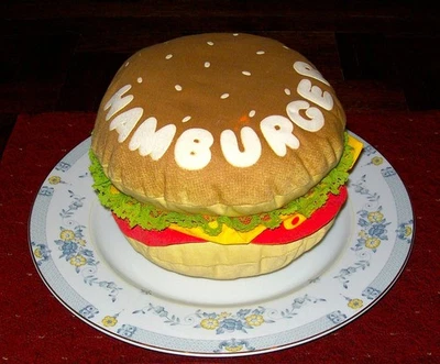 VINTAGE HAMBURGER SHAPED THROW PILLOW 8" DIA. C-GRD CO. LTD. - Image 1 of 4