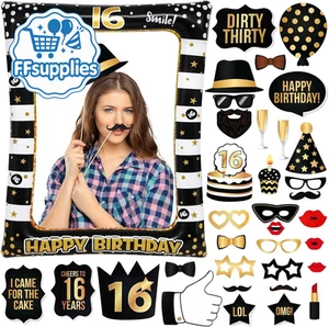 Black Gold Birthday Photo Booth Props & Inflatable Selfie Frame Kit Wedding Prop - Picture 1 of 49