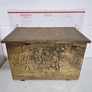 Vintage Brass On Wood Coal Kindling Fire Log Box Embossed Village Dinner Scene - Picture 1 of 15