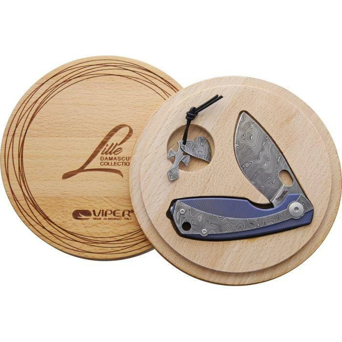 Viper Lille Frame Lock Blue Handle Damascus Steel Blade Pocket Knife - VA5964BL