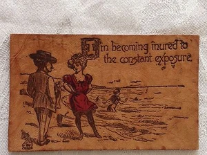 Leather Postcard Edwardian era - saucy, suggestive lady in bathing suit at shore - Picture 1 of 2