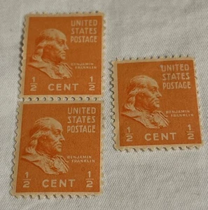 3 Scott 803 1/2-cent US Postage Stamps Benjamin Franklin Orange Hinged 1938 - Imagen 1 de 3