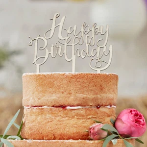 Tortendekoration 'Happy Birthday' Holz natur - Geburtstag Tortenfigur Vintage - Bild 1 von 2