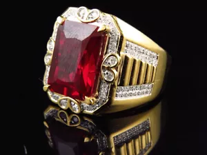Yellow Gold Finish Royal Emerald Cut Lab created Ruby Genuine Diamond Ring 0.... - Picture 1 of 4