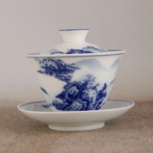 Jingdezhen blau-weiß Porzellan Gaiwan Tureen Tasse Schüssel unter Glasur Deckel China - Bild 1 von 12