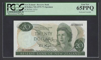 New Zealand 20 Dollars ND(1975-77) P167cs "Specimen" Uncirculated Grade 65 - Image 1 of 2