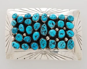 Navajo Handmade Sterling Silver Belt Buckle with Turquoise by Mike Thomas Jr. - Picture 1 of 2