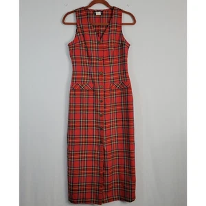 Vintage Plaid Sleeveless Button-down Sheath Dress size 3/4 red 90s academia USA - Picture 1 of 8