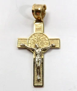 L@@K Hermoso Colgante Cruz Crucifijo San Benito Oro Amarillo Blanco 14K Real - Imagen 1 de 11