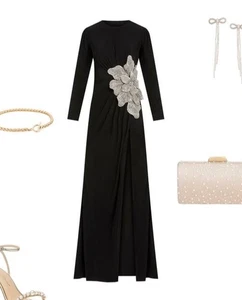 Nuevo con etiquetas Vestido Jersey Mac Duggal [10] 11809 Manga Larga con Flor Adornada S1853 - Imagen 1 de 13