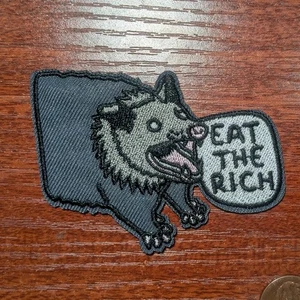 Eat The Rich Patch Possum Animals Slogan Embroidered Iron On Patch 2.25x3.75" - Picture 1 of 3