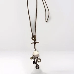 Mimco Silver Long Necklace Designer Black Dog Tag And Charms Adjustable Length - Picture 1 of 8