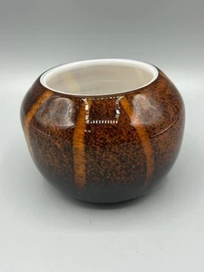 Art Glass Small Bowl Brown Amber Tortoise Stripes Cased Round Hand Blown Heavy - Picture 1 of 8