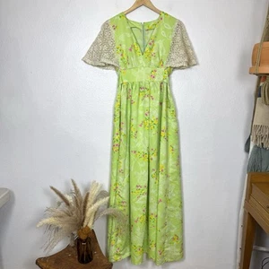 Vintage Handmade 70s Green Maxi Floral Dress Pace Flutter Sleeves Boho Groovy - Picture 1 of 16