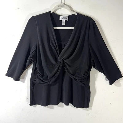 Joseph Ribkoff Babydoll Twist Front Top Sz 16 Black Ruched Drape Y2K 3/4 Sleeve - Image 1 of 4