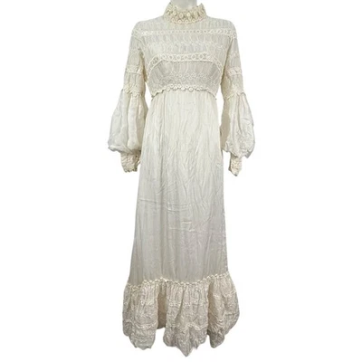 Vestido Vintage Prairie Cottagecore Vitoriano Manga Bishio Bordado Marfim XS - Imagem 1 de 4