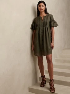 Mini Abito Donna BANANA REPUBLIC Verde Oliva Pintuck Ramie Leggero Grande L - Foto 1 di 5