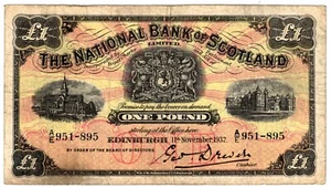 1932 Scotland National Bank 1 Pounds Banknote P257a circulated 11th Nov - Picture 1 of 2