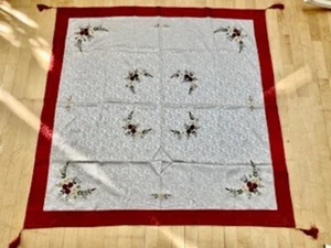 Raro mantel floral vintage chino bordado a mano con borlas - Imagen 1 de 5