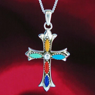 Croce Ciondolo Con Turchese, Lapislazzuli & Coral Gemme -solido Argento Sterling - Immagine 1 di 4