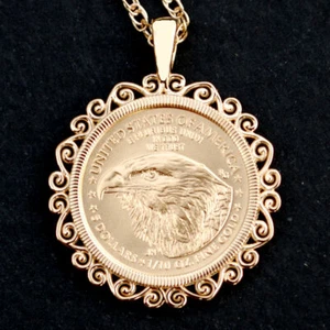 2021 1/10 oz American Gold Eagle BU Uncirculated Coin Solid 14K Gold Necklace - Picture 1 of 11
