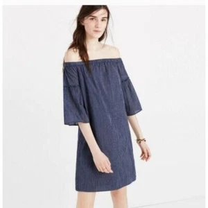 Madewell Blue Off the Shoulder Pinstriped Dress Women's Size 4 Summer Spring EUC - Picture 1 of 7