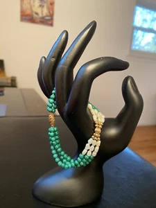 Lovely 14K Yellow Gold Malachite And Rice Pearl Bracelet, Size 7” - Picture 1 of 13