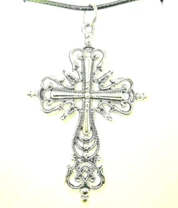 New Huge Gorgeous CROSS Silver-tone Pendant 18" - 20" Black Necklace LAST ONE! - Bild 1 von 3