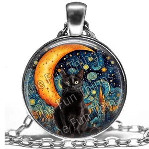 Starry Night Black Cat Necklace Impressionist Art Print Silver Charm Pendant - Picture 1 of 7