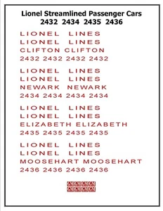 Lionel Streamlined Pass Car Decal Set 2432 2434 2435 2436 "Water Slide" RED - Picture 1 of 1