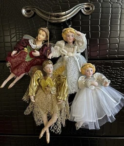 Set Of 4 Dancing Ballerinas Hanging Christmas Ornaments 7” Vintage Porcelain - Picture 1 of 6