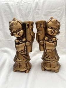 Vintage Chalkware Candle Holder 9" Gold Creepy Altar Boys - Picture 1 of 6