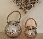 Silver Glass Rope Handle Lantern T Light Tea Candle Vintage Holder Christmas