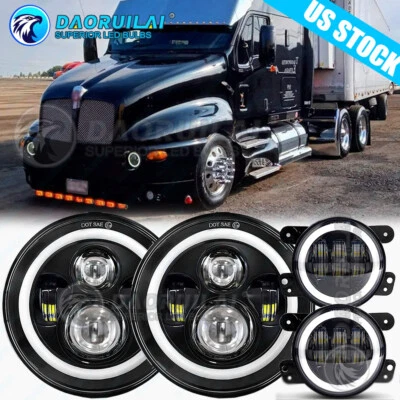 for Kenworth T2000 Halo 7inch Round LED Headlights + 4inch LED Fog Light Combo - Image 1 of 4