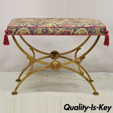 Italian Hollywood Regency Gold Gilt Iron Curule X-Form Vanity Bench Seat Stool Cover