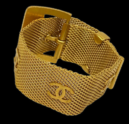 CHANEL Bracciale Braccialetto Largo Logo AUTENTICO Coco CC Mark Catena Vintage Oro 95P GP