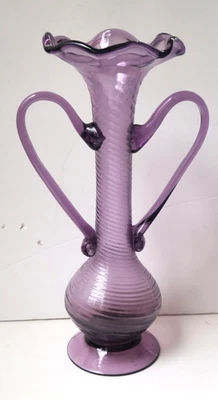 Vintage Lilac Art Glass Vase 30cm Hand Blown Spiral Twist Frilled Rim Pontil - Image 1 of 4