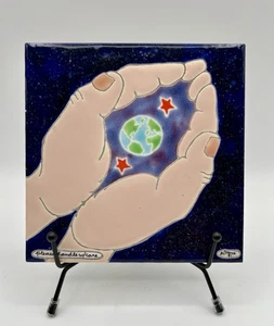 Irene Otis Please Handle w Care Earth in Hands 6” Ceramic Tile Signed 1991 - Picture 1 of 10