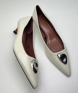 Zara Metal Detail White Leather Kitten Heel Pointed Toe Shoes Size 7.5 - Picture 1 of 11