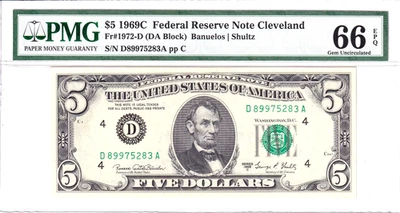 1969-C $5 Federal Reserve Note Cleveland DA Block PMG 66EPQ Pop 9/2 #D89975283A - Image 1 of 2