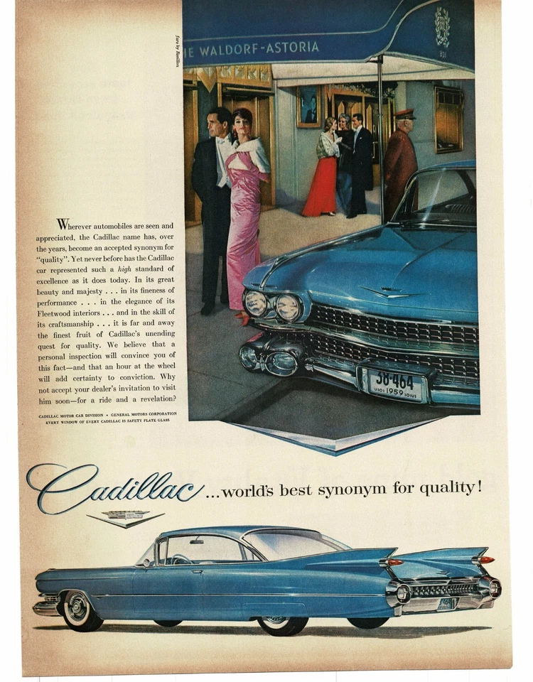 Cadillac Fleetwood 1959 azul cupé de 2 puertas hotel Waldorf-Astoria anuncio impreso vintage Foto 1 de 1