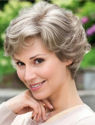 Pelucas de cabello sintético mezcla gris astillado peinado corto ondulado mujeres suaves naturales Foto 1 de 4