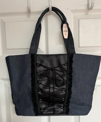 VICTORIA'S SECRET Denim With Satin Lace Up Corset Tote Bag Purse NEW - Image 1 of 4