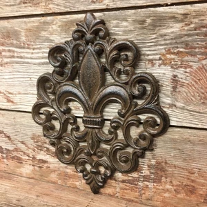 Large Cast Iron Fleur-de-Lis Wall Plaque French Country Rustic Home Decor - Picture 1 of 4