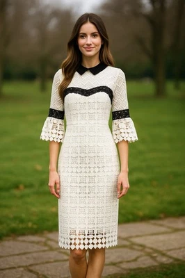 Vestido Nanette Lepore Funda Negro Blanco Encaje Manga Campana Cuello Invitado Boda Foto 1 de 4