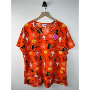 NWT Scrubstar Halloween Scrub Top Orange Fall Scrubs 2X Pumpkins & Cats & Ghosts - Picture 1 of 12