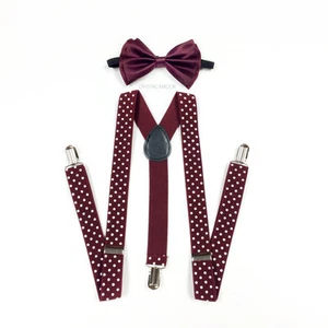 Burgundy Bow Tie Polkadot Suspenders Set Barnyard Wedding Groomsmen - Picture 1 of 1