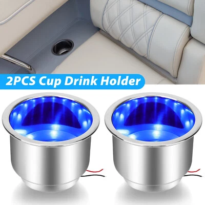 2PCS Stainless Steel 8 LED Cup Drink Holder Blue Light Marine Boat Truck Camper - Image 1 of 4