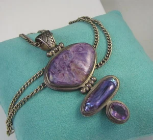 Vintage Huge Charoite Amethyst Gray Pearl Sterling Silver 25.5 Inch Necklace - Picture 1 of 1