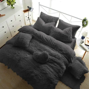 TEDDY BEAR FLEECE DUVET COVER WARM FITTED SHEET + PILLOW CASE CHARCOAL BLACK - Picture 1 of 20